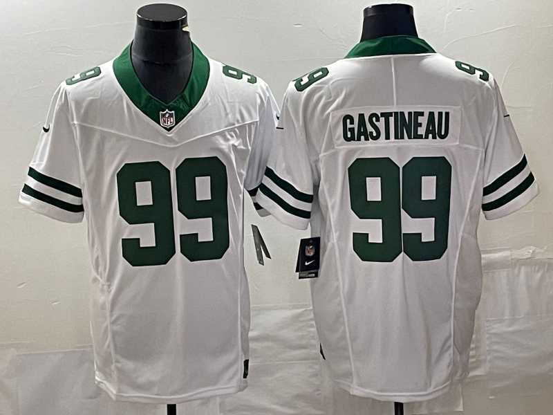 Mens New York Jets #99 Mark Gastineau White 2023 F.U.S.E. Vapor Limited Throwback Stitched Football Jersey